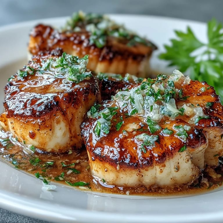 Lemon butter scallops sizzle in a hot skillet, creating a golden crust and releasing a fragrant aroma of garlic and citrus.