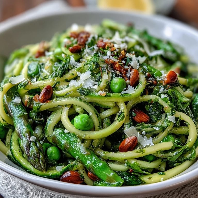 Shaved asparagus and pea salad with Parmesan, toasted nuts, and tangy lemon dressing—perfect as a side or light main.