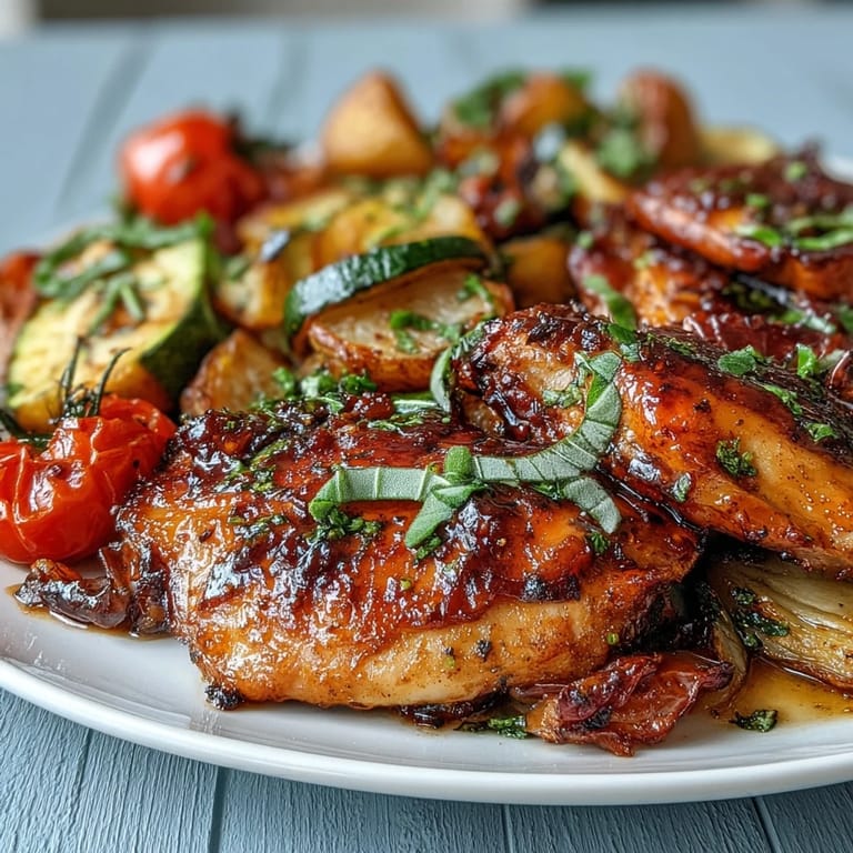 Juicy chicken breasts roasted with zucchini and cherry tomatoes, creating a simple yet elegant spring dinner perfect for weeknights.