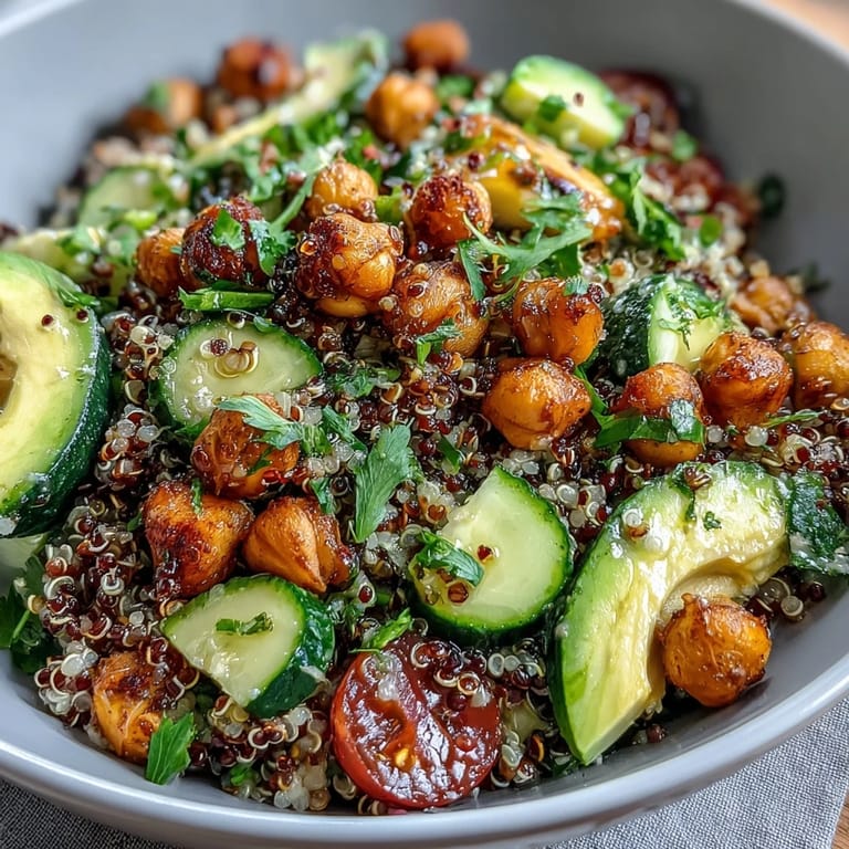 Vibrant lemon vinaigrette grain bowls packed with roasted chickpeas, crisp vegetables, creamy avocado, and fluffy quinoa for a satisfying vegan lunch.  
