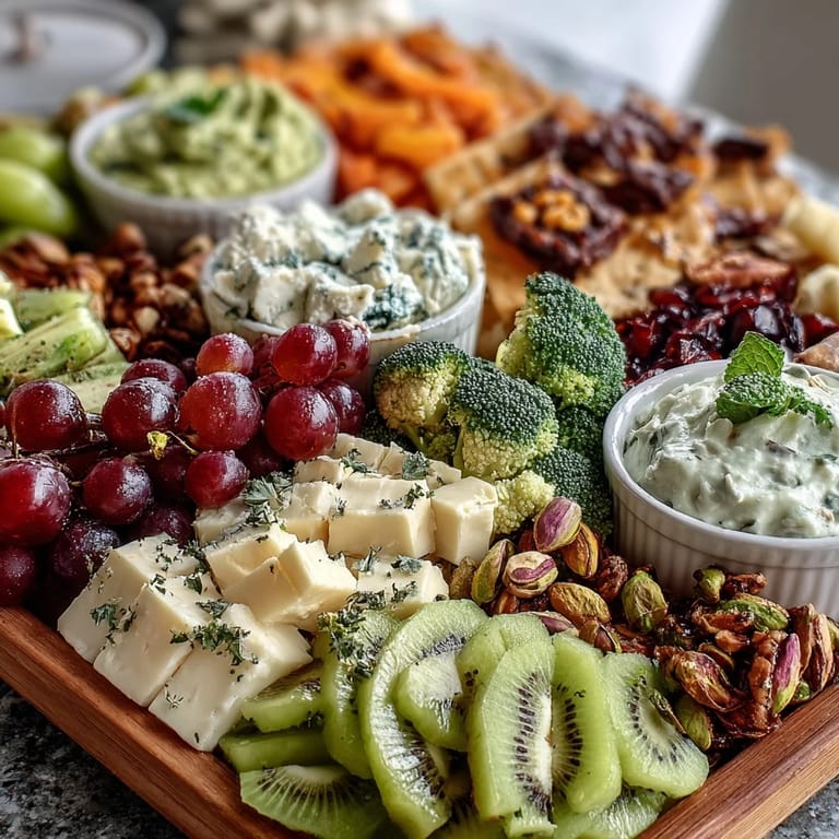 Vibrant green-themed snack platter featuring sliced kiwi, grapes, cucumber, broccoli, and savory treats for St. Patrick's Day.