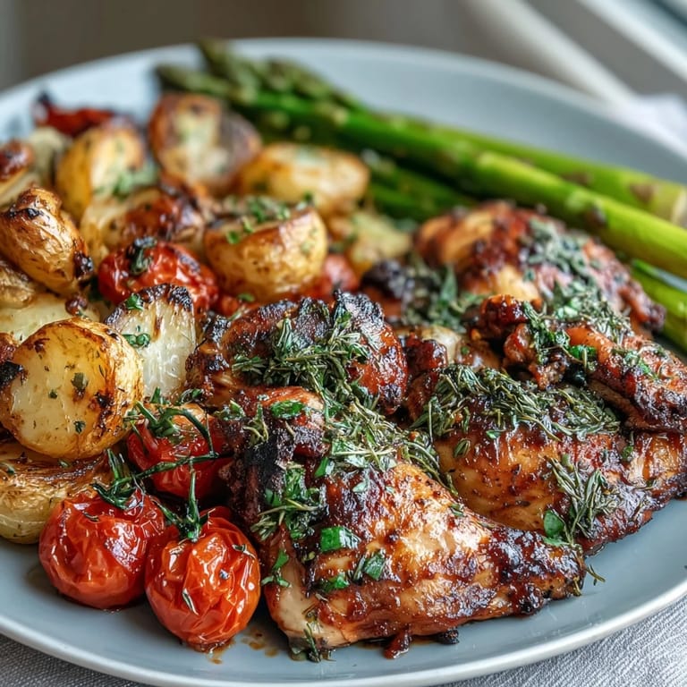 Wholesome sheet pan meal of tender chicken and vibrant spring vegetables, lightly seasoned with garlic and Dijon, roasted to perfection for a quick weeknight dinner.  