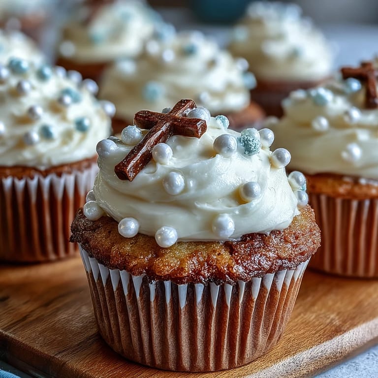 Soft and moist mini cupcakes decorated with creamy vanilla frosting and detailed fondant rosary toppers, perfect for a sacred First Communion gathering.