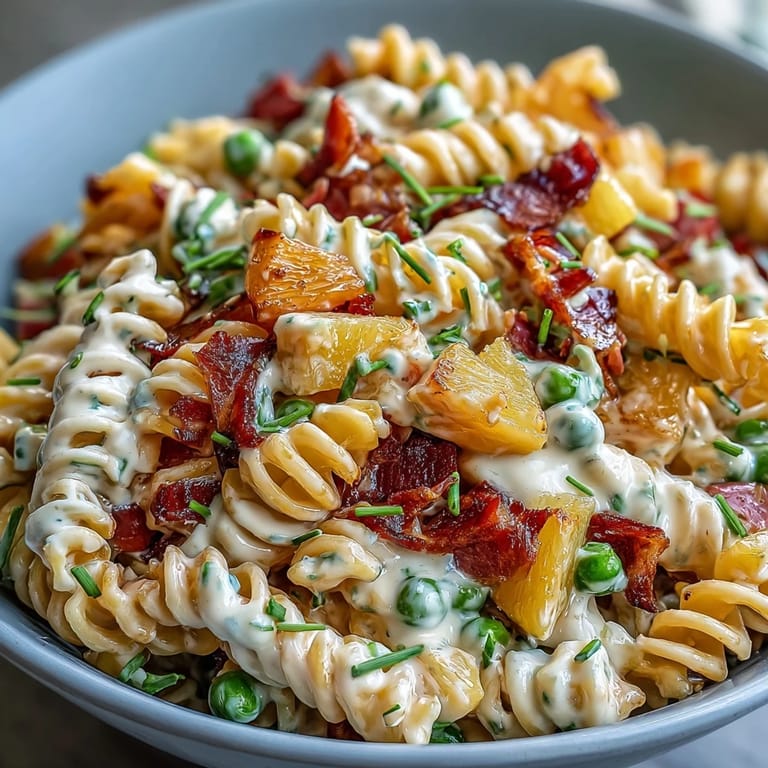 Colorful Hawaiian Pasta Salad loaded with fresh veggies, ham, and pineapple, ready to serve.