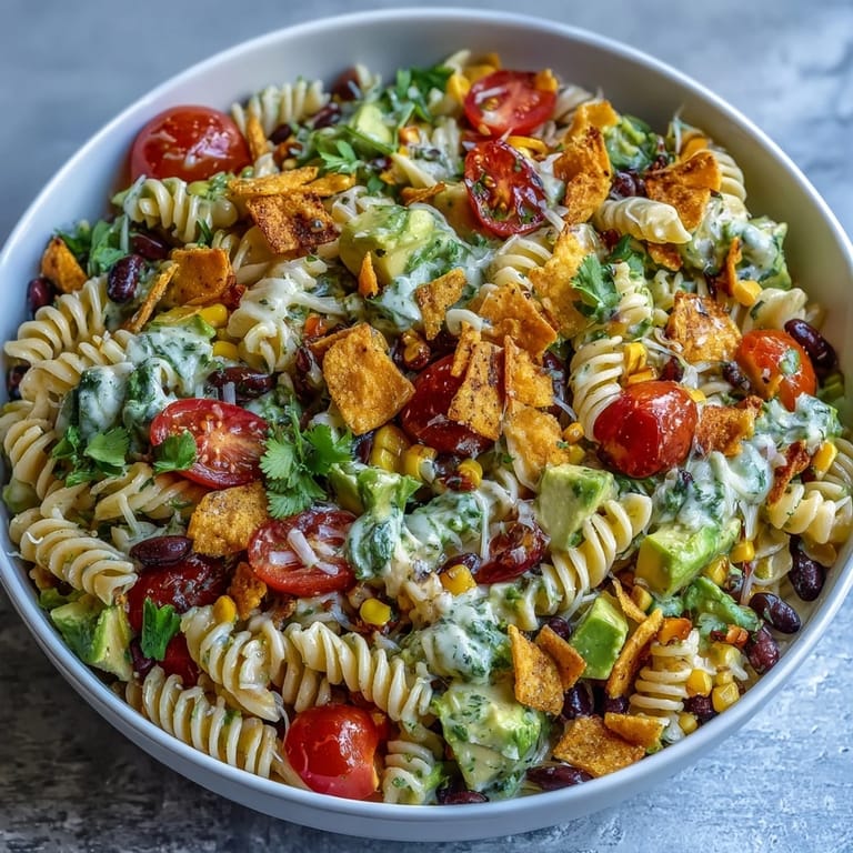 Vibrant Tex-Mex pasta salad loaded with cherry tomatoes, red bell pepper, and cilantro, finished with crunchy tortilla chips for texture.