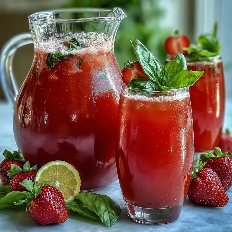 Vibrant pitcher of strawberry basil lemonade mocktail with bright red berries, green basil leaves, and sparkling water, ideal for refreshing summer parties.