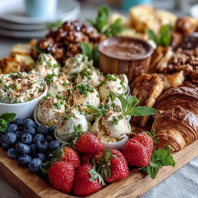 Colorful Easter brunch platter featuring deviled eggs, fresh seasonal fruit, and assorted pastries, ideal for festive gatherings.