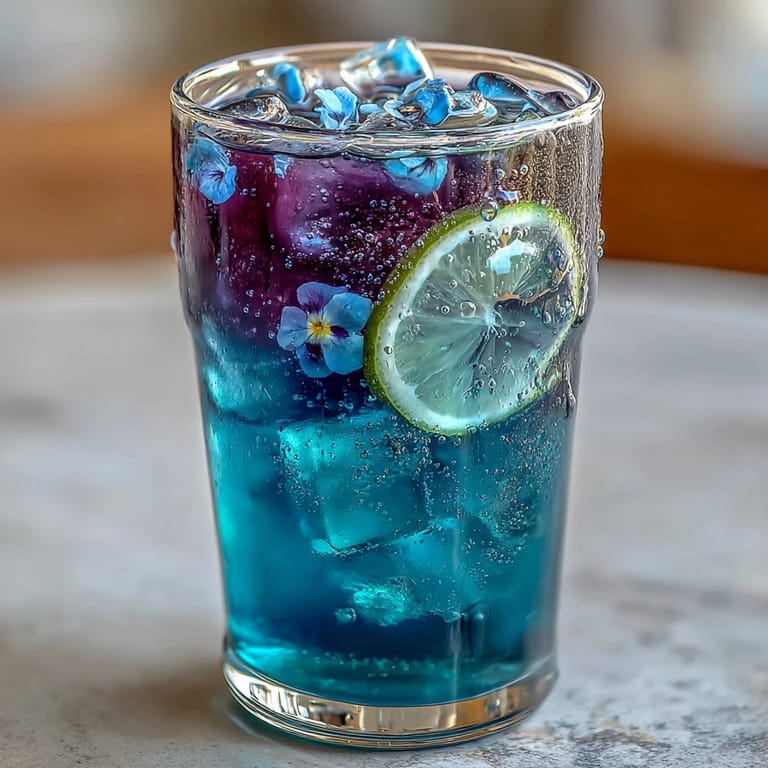 Colorful butterfly pea flower lemonade served with ice, lemon wedges, and a stunning color-changing blue to purple effect.