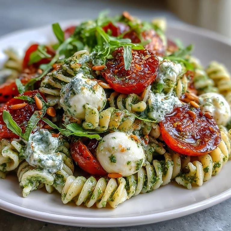 Vibrant pasta salad featuring fresh pesto, juicy cherry tomatoes, and creamy mozzarella balls, ideal for warm-weather dining.