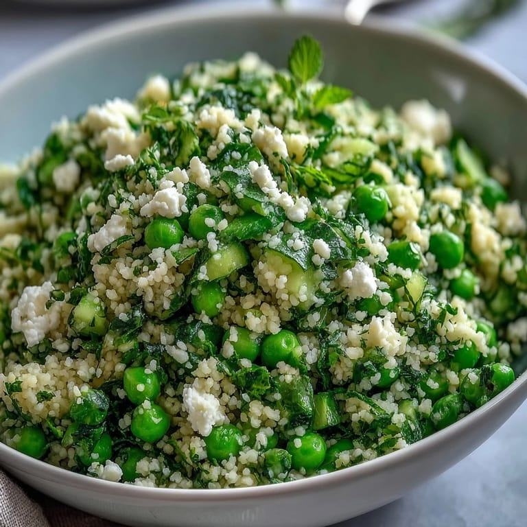 Vibrant couscous salad featuring bright green peas, chopped mint, and crisp cucumber, drizzled with zesty lemon dressing.