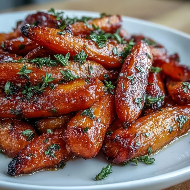 Tender roasted carrots coated in a sweet honey-thyme glaze, offering a warm, earthy aroma and vibrant orange color on a rustic serving platter.
