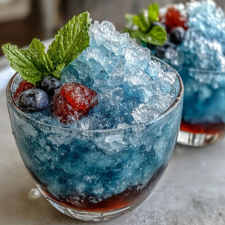 Vibrant blue slushie blending sweet raspberry and tart lemon flavors, served with fresh lemon slices and raspberries.
