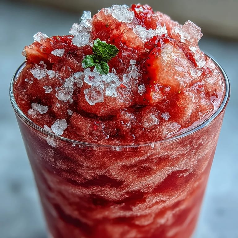 Vibrant photo of a 3-ingredient Frozen Strawberry Lemonade Slushie, ideal for cooling down.