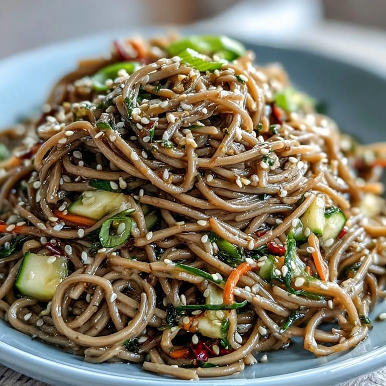 Refreshing cold soba noodle salad, a delicious medley of crisp textures and zesty dressing.