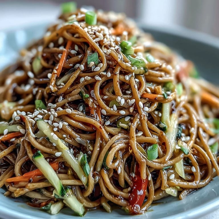 Beautiful soba noodle salad with ginger dressing, a perfect light, satisfying vegetarian meal.