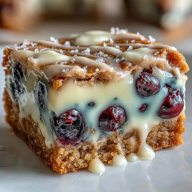 Freshly baked squares of White Chocolate Lemon Blueberry Blondies, ready to enjoy.