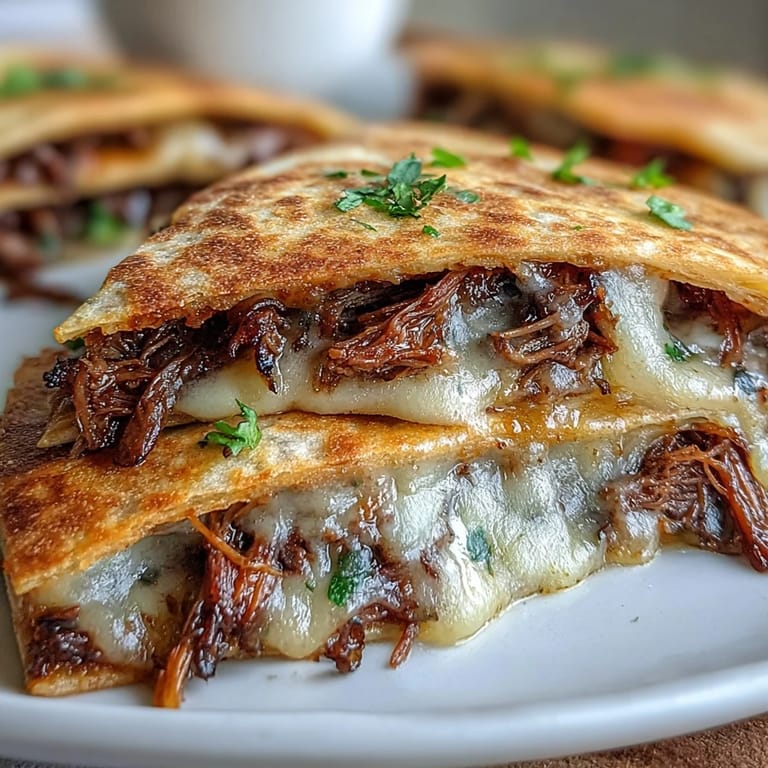 Cheesy birria quesadillas ready for dipping in savory, spiced consommé broth.