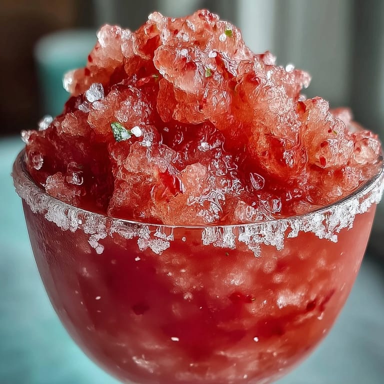Rich visual of a delicious Frozen Strawberry Lemonade Slushie, ready to be garnished and served.