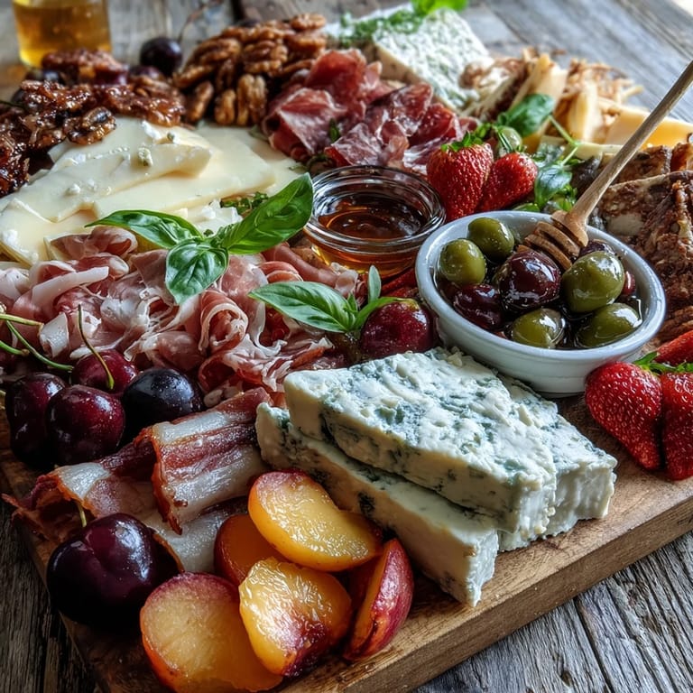 Seasonal bountiful summer charcuterie board with sweet honey elegantly arranged.
