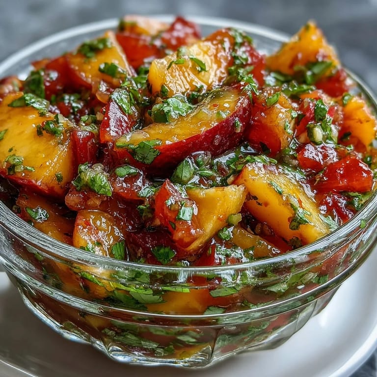 Fresh Peach Jalapeño Salsa, a colorful side piled high, ready to serve.