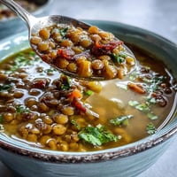 Golden-brown mung beans simmer in a spiced tomato broth, with diced carrots and onions visible in this nourishing Indian Mung Bean Soup.