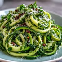 Freshly spiralized zucchini noodles tossed with homemade basil pesto, topped with extra Parmesan and red pepper flakes for a vibrant, low-carb Italian-inspired dish.