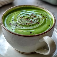 A bowl of creamy Spinach Soup garnished with a swirl of fresh cream and ground black pepper.