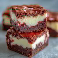 Homemade red velvet cheesecake brownies with a rich, fudgy texture and creamy swirls on a white plate.