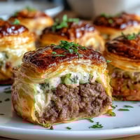 Golden Mini Beef Tourtières fresh from the oven, showcasing their flaky pastry and steam escaping from the top slits.