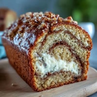 A close-up of Cream Cheese Cinnamon Swirl Banana Bread showing a moist slice with visible cinnamon sugar topping and creamy filling.