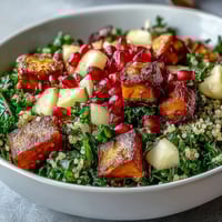 Vibrant Kale Harvest Grain Bowl with roasted sweet potatoes, fluffy quinoa, and crunchy pepitas on a white plate.