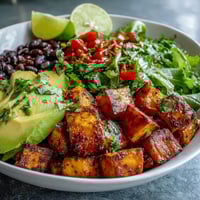 Overhead view of the Sweet Potato and Black Bean Bowl with roasted cubes and black beans on mixed greens.