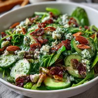 Spring Green Salad with Honey Mustard and Almonds: a crisp, vibrant bowl of mixed greens, snap peas, and radishes, tossed in tangy honey mustard dressing and topped with crunchy toasted almonds.