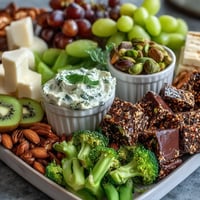 Festive St. Patrick's Day green food board with fresh fruits, veggies, cheeses, and snacks arranged for celebration.