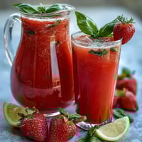 Strawberry Basil Lemonade Mocktail Pitcher with fresh basil, strawberries, and lemon slices, served in a clear glass pitcher over ice, perfect for summer gatherings.