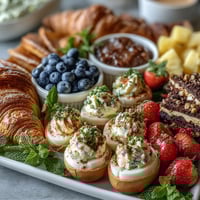 Easter brunch board with deviled eggs, fruit, and pastries arranged on a rustic wooden board, perfect for sharing.