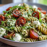 A colorful summer pasta salad with pesto, cherry tomatoes, and mozzarella—perfect for picnics and light lunches.