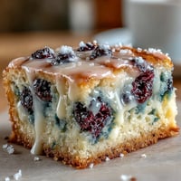 Close-up of golden White Chocolate Lemon Blueberry Blondies with bursting fruit.