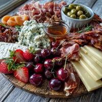Vibrant summer charcuterie board overflows with colorful fruits and honey.
