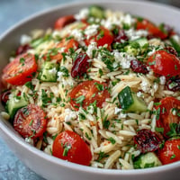 Refreshing Summer Orzo Salad with Feta and Lemon topping.